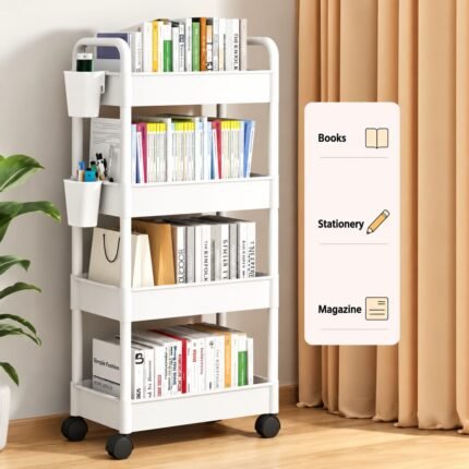 4-Tier Rolling Storage Cart with Wheels, White Plastic Organizer Trolley with Brake Wheels, Detachable Hanging Cups & Raised Fence, 34 × 21 × 91 cm, Multi-Purpose Storage Rack for Kitchen, Bedroom, Bathroom, Office & Books